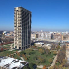 University Hall and nearby field which holds geothermal infrastructure