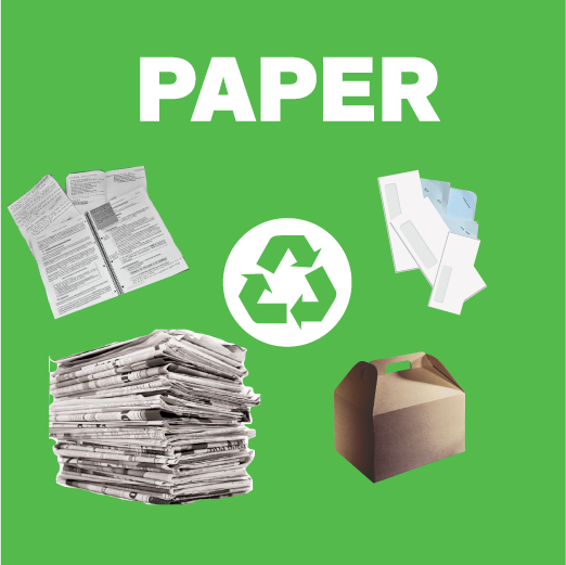 Paper recycling sign with materials like notebooks, newspapers, envelopes (with staples) and cardboard lunch boxes
